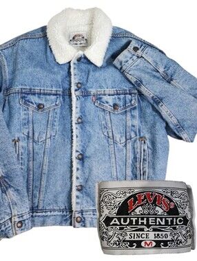 VINTAGE 80s Levi's Denim Sherpa Type III Trucker Jacket Made In USA 527 Medium